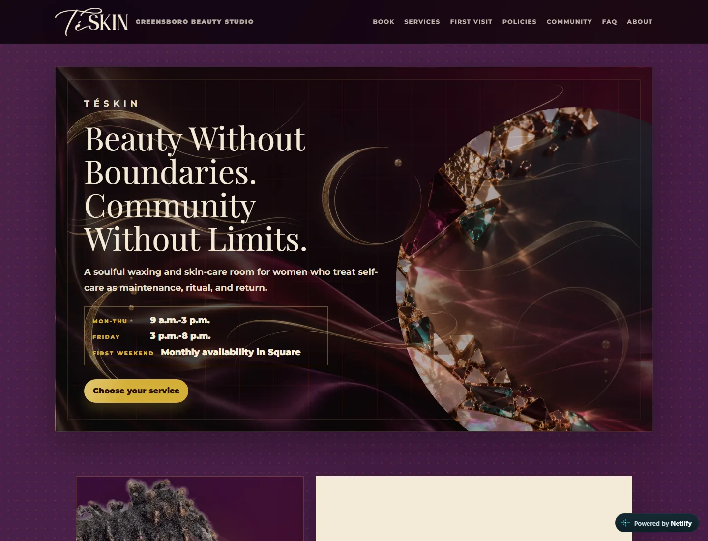 TéSkin website homepage showing a complete managed website system